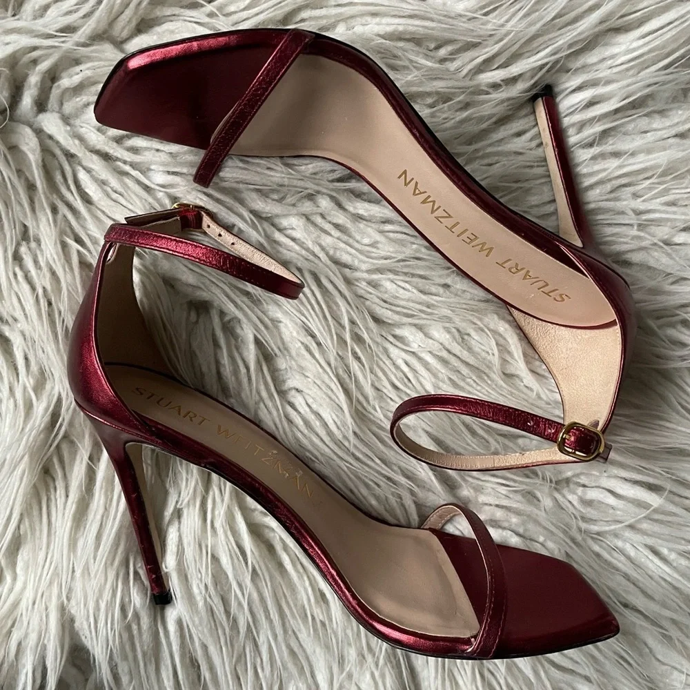 Stuart Weitzman Metallic Red Leather Nudistcurve 100mm Heeled Strap Sandal Sz 9